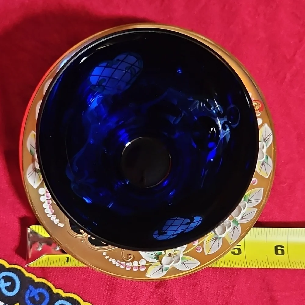 Vintage Bohemian Cobalt Blue Glass Tea Cup & Saucer Set 24K Gold High Enamel